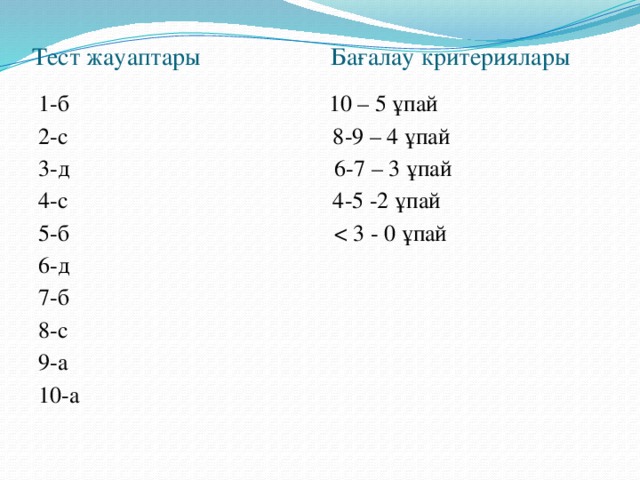 Тест жауаптары Бағалау критериялары 1-б 10 – 5 ұпай 2-с 8-9 – 4 ұпай 3-д 6-7 – 3 ұпай 4-с 4-5 -2 ұпай 5-б 6-д 7-б 8-с 9-а 10-а