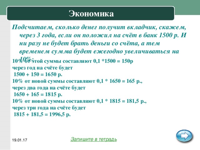 Экономика Подсчитаем, сколько денег получит вкладчик, скажем, через 3 года, если он положил на счёт в банк 1500 р. И ни разу не будет брать деньги со счёта, а тем временем сумма будет ежегодно увеличиваться на 10%:  10% от этой суммы составляют 0,1 *1500 = 150р через год на счёте будет  1500 + 150 = 1650 р. 10% от новой суммы составляют 0,1 * 1650 = 165 р., через два года на счёте будет  1650 + 165 = 1815 р. 10% от новой суммы составляют 0,1 * 1815 = 181,5 р., через три года на счёте будет  1815 + 181,5 = 1996,5 р. Запишите в тетрадь 19.01.17