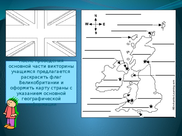 После проведения основной части викторины учащимся предлагается раскрасить флаг Великобритании и оформить карту страны с указанием основной географической информации