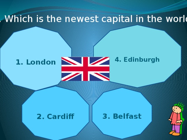 6. Which is the newest capital in the world? 4. Edinburgh 1. London 2. Cardiff 3. Belfast