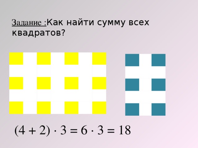 Задание : Как найти сумму всех квадратов? (4 + 2) · 3 = 6 · 3 = 18