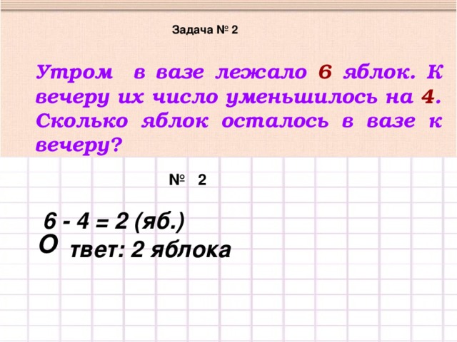 Задача № 2  Утром в вазе лежало 6 яблок. К вечеру их число уменьшилось на 4 . Сколько яблок осталось в вазе к вечеру? № 2  6 - 4 = 2 (яб.) О твет: 2 яблока