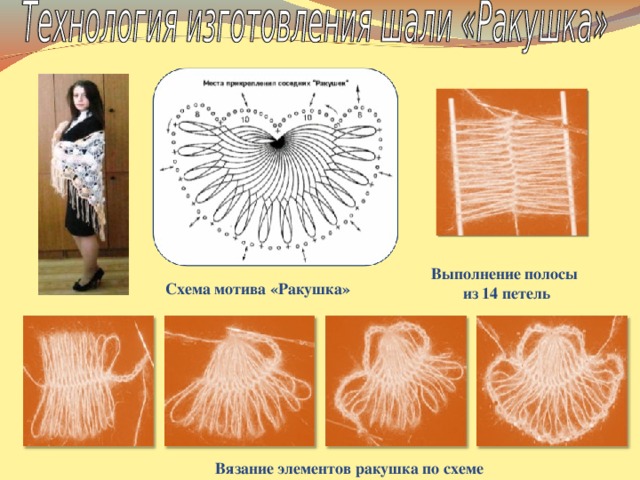 Выполнение полосы из 14 петель Схема мотива «Ракушка» Вязание элементов ракушка по схеме