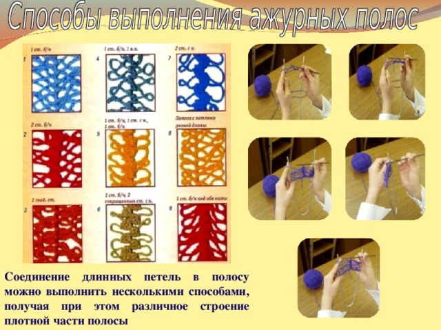 Соединение длинных петель в полосу можно выполнить несколькими способами, получая при этом различное строение плотной части полосы