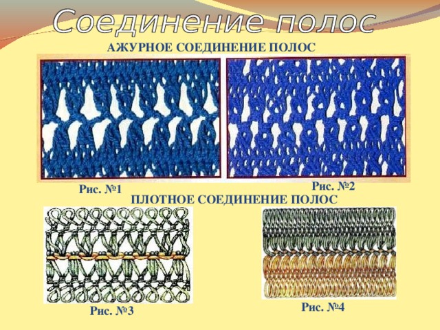 АЖУРНОЕ СОЕДИНЕНИЕ ПОЛОС Рис. №2 Рис. №1 ПЛОТНОЕ СОЕДИНЕНИЕ ПОЛОС Рис. №4 Рис. №3