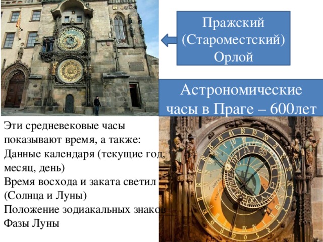 Пражский (Староместский) Орлой Астрономические часы в Праге – 600лет Эти средневековые часы показывают время, а также: Данные календаря (текущие год, месяц, день) Время восхода и заката светил (Солнца и Луны) Положение зодиакальных знаков Фазы Луны