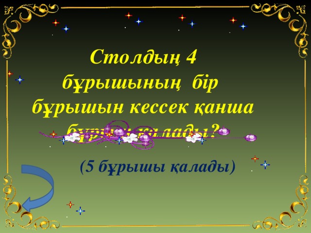 Столдың 4 бұрышының бір бұрышын кессек қанша бұрыш қалады? (5 бұрышы қалады)