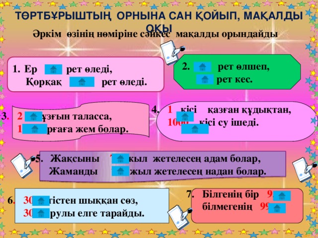 Төртбұрыштың орнына сан қойып, мақалды оқы Әркім өзінің нөміріне сәйкес мақалды орындайды   7 рет өлшеп,   1 рет кес.  Ер 1  рет өледі,  Қорқақ 1000 рет өледі. 3 . 2 құзғын таласса,  1 қарғаға жем болар. 4. 1 кісі қазған құдықтан,  1000 кісі су ішеді.  Жақсыны 7 жыл жетелесең адам болар,  Жаманды 7 жыл жетелесең надан болар. 6 . 30 тістен шыққан сөз, 7. Білгенің бір 9 ,  білмегенің 99 .  30 рулы елге тарайды.