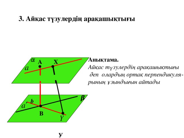 3. Айқас түзулердің арақашықтығы Анықтама.  Айқас түзулердің арақашықтығы  деп олардың ортақ перпендикуля- рының ұзындығын айтады А Х β b В У