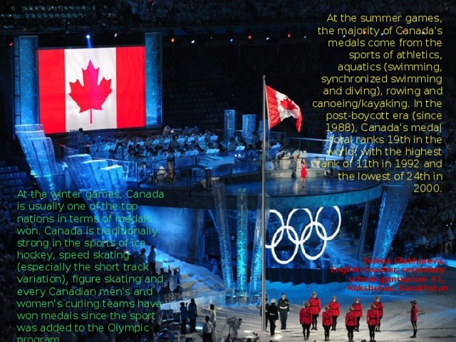 At the summer games, the majority of Canada's medals come from the sports of athletics, aquatics (swimming, synchronized swimming and diving), rowing and canoeing/kayaking. In the post-boycott era (since 1988), Canada's medal total ranks 19th in the world, with the highest rank of 11th in 1992 and the lowest of 24th in 2000. At the winter games, Canada is usually one of the top nations in terms of medals won. Canada is traditionally strong in the sports of ice hockey, speed skating (especially the short track variation), figure skating and every Canadian men's and women's curling teams have won medals since the sport was added to the Olympic program. Yelena Glukhareva, English teacher, secondary school-gymnasium #1, Kokshetau, Kazakhstan