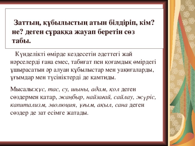 Заттың, құбылыстың атын білдіріп, кім? не? деген сұраққа жауап беретін сөз табы .  Күнделікті өмірде кездесетін әдеттегі жай нәрселерді ғана емес, табиғат пен қоғамдық өмірдегі ұшырасатын әр алуан құбылыстар мен уақиғаларды, ұғымдар мен түсініктерді де қамтиды. Мысалы: құс, тас, су, шыны, адам, қол  деген сөздермен қатар,  жаңбыр, найзағай, сайлау, жүріс, капитализм, эволюция, ұғым, ақыл, сана  деген сөздер де зат есімге жатады.