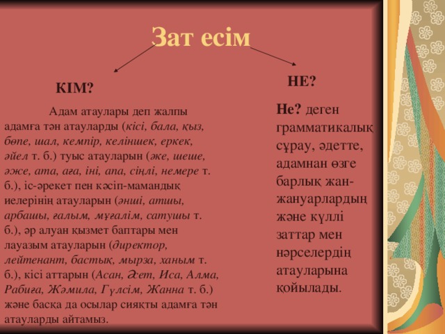 Зат есім  НЕ?  КІМ? Не?  деген грамматикалық сұрау, әдетте, адамнан өзге барлық жан-жануарлардың және күллі заттар мен нәрселердің атауларына қойылады .  Адам атаулары деп жалпы адамға тән атауларды ( кісі, бала, қыз, бөпе, шал, кемпір, келіншек, еркек, әйел  т. б.) туыс атауларын ( әке, шеше, әже, ата, аға, іні, апа, сіңлі, немере  т. б.), іс-әрекет пен кәсіп-мамандық иелерінің атауларын ( әнші, атшы, арбашы, ғалым, мұғалім, сатушы  т. б.), әр алуан қызмет баптары мен лауазым атауларын ( директор, лейтенант, бастық, мырза, ханым  т. б.), кісі аттарын ( Асан, Әсет, Иса, Алма, Рабиға, Жәмила, Гүлсім, Жанна  т. б.) және басқа да осылар сияқты адамға тән атауларды айтамыз.