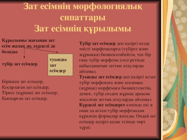 Зат есімнің морфологиялық сипаттары  Зат есімнің құрылымы   Құрылымы жағынан зат есім жалаң да, күрделі де болады Түбір зат есімдер  деп қазіргі кезде тиісті морфемаларға (түбірге және жұрнаққа) бөлшектенбейтін, тек бір ғана түбір морфема (сөз) ретінде қабылданатын заттық атауларды айтамыз. Туынды зат есімдер  деп қазіргі кезде түбір морфемаға және қосымша (жұрнақ) морфемаға бөлшектенетін, демек, түбір сөзден жұрнақ арқылы жасалған заттық атауларды айтамыз. Күрделі зат есімдерге  кемінде екі я онан да астам түбір морфемадан құралған формалар жатады. Ондай зат есімдер қазіргі қазақ тілінде төрт түрлі: туынды зат есімдер түбір зат есімдер Біріккен зат есімдер, Қосарлаған зат есімдер, Тіркес (құрама) зат есімдер, Қысқарған зат есімдер.