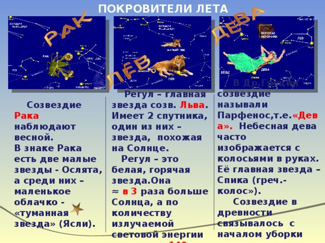 ПОКРОВИТЕЛИ ЛЕТА  В Др.Греции созвездие называли Парфенос,т.е. «Дева».   Небесная дева часто изображается с колосьями в руках. Её главная звезда – Спика (греч.-колос»).  Созвездие в древности связывалось с началом уборки урожая.   Регул – главная звезда созв. Льва . Имеет 2 спутника, один из них – звезда, похожая на Солнце.  Регул – это белая, горячая звезда.Она ≈ в 3 раза больше Солнца, а по количеству излучаемой световой энергии ярче его в 140 раз.     Созвездие Рака наблюдают весной. В знаке Рака есть две малые звезды - Ослята, а среди них – маленькое облачко - «туманная звезда» (Ясли). 