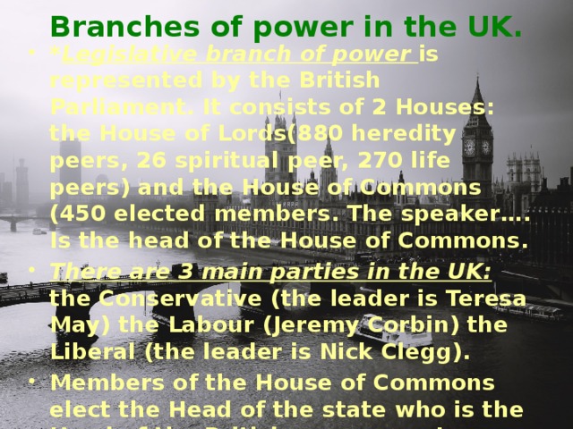 Branches of power in the UK.