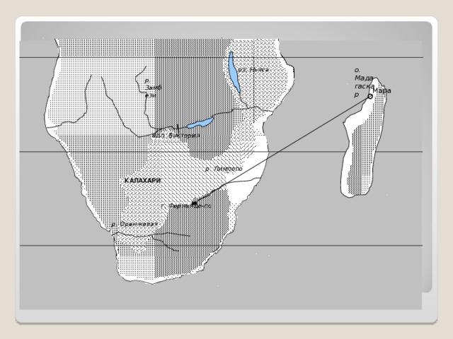 о. Мадагаскар оз. Ньяса р. Замбези Мара вдп. Виктория Лимпопо р. Лимпопо КАЛАХАРИ г. Фернандо-по р. Оранжевая