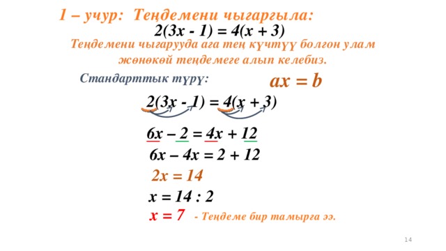 1 – учур: Теңдемени чыгаргыла:  2(3х - 1) = 4(х + 3) Теңдемени чыгарууда ага тең күчтүү болгон улам жөнөкөй теңдемеге алып келебиз.  aх = b Стандарттык түрү:  2(3х - 1) = 4(х + 3)  6х – 2 = 4х + 12  6х – 4х = 2 + 12  2х = 14 х = 14 : 2 х = 7 - Теңдеме бир тамырга ээ. 11
