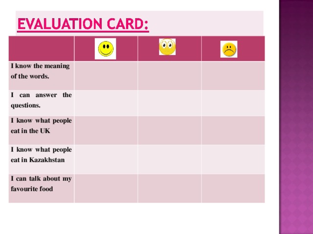 I know the meaning of the words. I can answer the questions. I know what people eat in the UK I know what people eat in Kazakhstan I can talk about my favourite food