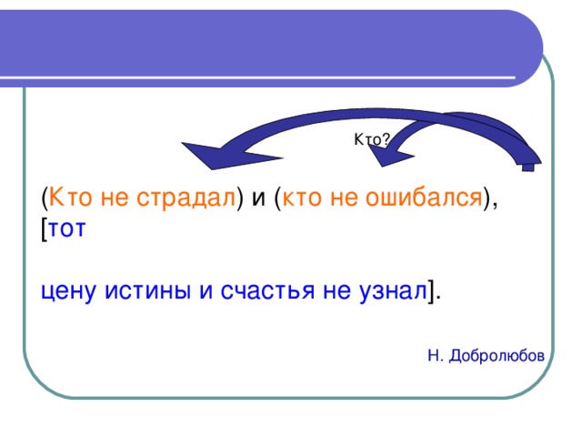 Кто? ( Кто не страдал ) и ( кто не ошибался ) , [ тот цену истины и счастья не узнал ] .  Н. Добролюбов