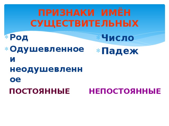 ПРИЗНАКИ ИМЁН СУЩЕСТВИТЕЛЬНЫХ Род Одушевленное и неодушевленное Число Падеж    ПОСТОЯННЫЕ НЕПОСТОЯННЫЕ