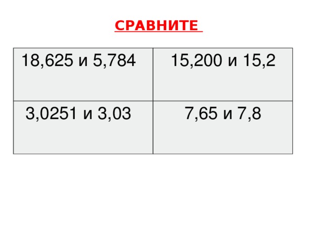 СРАВНИТЕ 18,625 и 5,784   15,200 и 15,2 3,0251 и 3,03   7,65 и 7,8