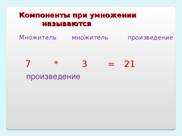 Компоненты при умножении называются Множитель множитель произведение  7 * 3 = 21  произведение