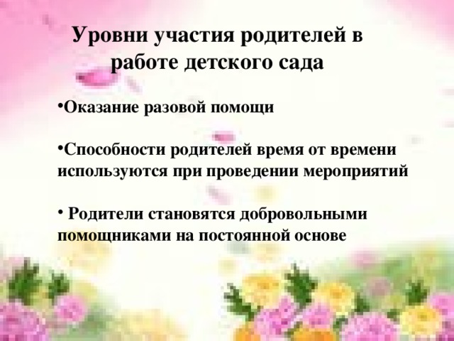 Уровни участия родителей в работе детского сада Оказание разовой помощи  Способности родителей время от времени используются при проведении мероприятий