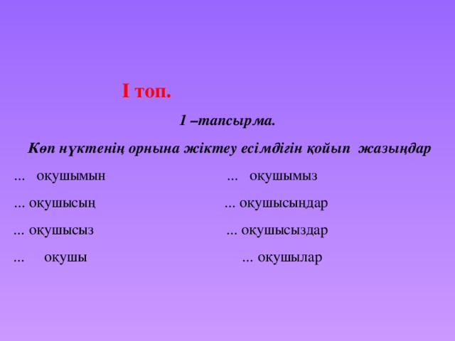   І топ.  1 –тапсырма.  Көп нүктенің орнына жіктеу есімдігін қойып жазыңдар ...  оқушымын ...  оқушымыз ... оқушысың ... оқушысыңдар ... оқушысыз ... оқушысыздар ... оқушы ... оқушылар