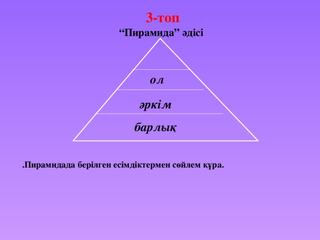 3-топ “ Пирамида” әдісі       .Пирамидада берілген есімдіктермен сөйлем құра.  ол әркім барлық
