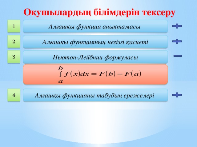 Оқушылардың білімдерін тексеру 1 Алғашқы функция анықтамасы 2 Алғашқы функцияның негізгі қасиеті 3 Ньютон-Лейбниц формуласы  4 Алғашқы функцияны табудың ережелері