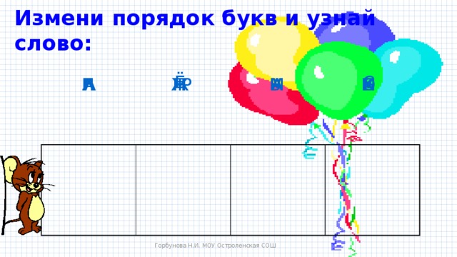 Измени порядок букв и узнай слово: С Ё Р Н А Ы Ч А О М Г К А А Л Б А Ж А М Горбунова Н.И. МОУ Остроленская СОШ