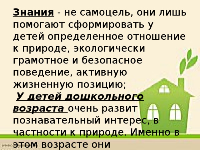 Знания - не самоцель, они лишь помогают сформировать у детей определенное отношение к природе, экологически грамотное и безопасное поведение, активную жизненную позицию;  У детей дошкольного возраста очень развит познавательный интерес, в частности к природе. Именно в этом возрасте они воспринимают мир в целом, что способствует формированию экологического мировоззрения. Очень важно поддерживать этот познавательный интерес;