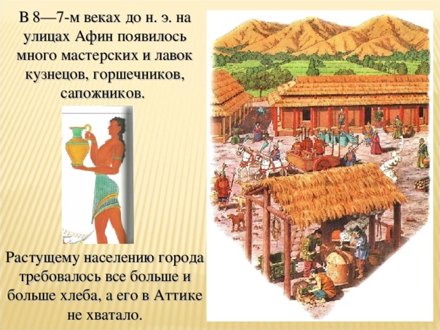 В 8—7-м веках до н. э. на улицах Афин появилось много мастерских и лавок кузнецов, горшечников, сапожников. Растущему населению города требовалось все больше и больше хлеба, а его в Аттике не хватало.