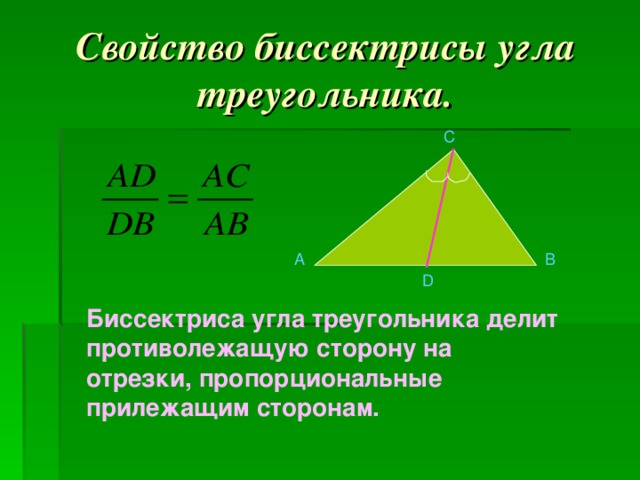 Свойство биссектрисы угла треугольника. C A B D Биссектриса угла треугольника делит противолежащую сторону на отрезки, пропорциональные прилежащим сторонам.