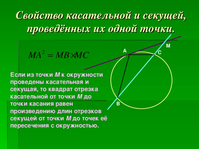 Свойство касательной и секущей, проведённых их одной точки. M А C Если из точки М к окружности проведены касательная и секущая, то квадрат отрезка касательной от точки М до точки касания равен произведению длин отрезков секущей от точки М до точек её пересечения с окружностью. B