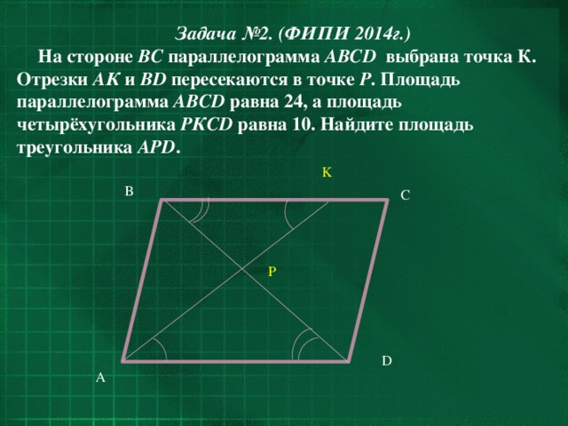 Задача №2. (ФИПИ 2014г.) На стороне ВC параллелограмма ABCD выбрана точка К. Отрезки АК и ВD пересекаются в точке Р . Площадь параллелограмма ABCD равна 24, а площадь четырёхугольника РКСD равна 10. Найдите площадь треугольника АРD . K B C P D A