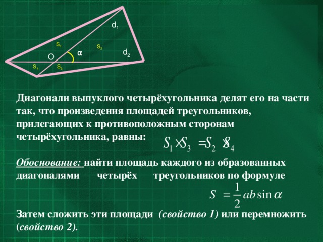 d 1 S 1 S 2 d 2 α O S 3 S 4 Диагонали выпуклого четырёхугольника делят его на части так, что произведения площадей треугольников, прилегающих к противоположным сторонам четырёхугольника, равны:  Обоснование:  найти площадь каждого из образованных диагоналями  четырёх треугольников по формуле   Затем сложить эти площади (свойство 1) или  перемножить ( свойство 2).