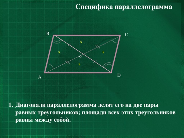 Специфика параллелограмма B C s s s o s D A