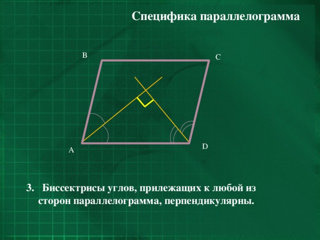 Специфика параллелограмма  B C D A 3. Биссектрисы углов, прилежащих к любой из сторон параллелограмма, перпендикулярны.