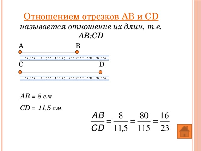 Отношением отрезков АВ и СD называется отношение их длин, т.е. АВ:CD А В С D АВ = 8 см СD = 11,5 см