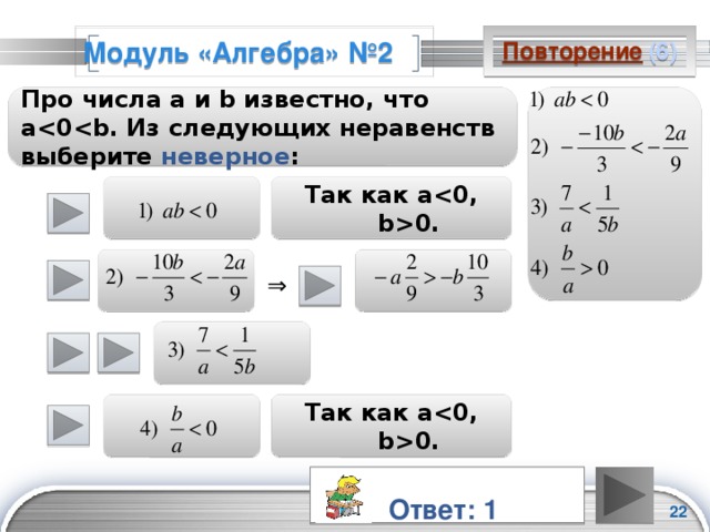 Повторение  (6) Модуль «Алгебра» №2 Про числа а и b известно, что a неверное :   Так как a0.    ⇒    Так как a0.   Ответ: 1