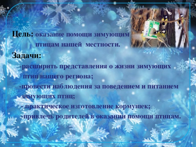 Цель: оказание помощи зимующим  птицам нашей местности. Задачи:  - расширить представления о жизни зимующих  птиц нашего региона;  -провести наблюдения за поведением и питанием  зимующих птиц;  - практическое изготовление кормушек;  -привлечь родителей в оказании помощи птицам.