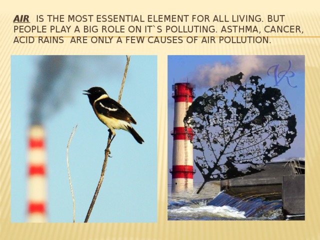 Air is the most essential element for all living. but people play a big role on it`s polluting. Asthma, cancer, acid rains are only a few causes of air pollution.