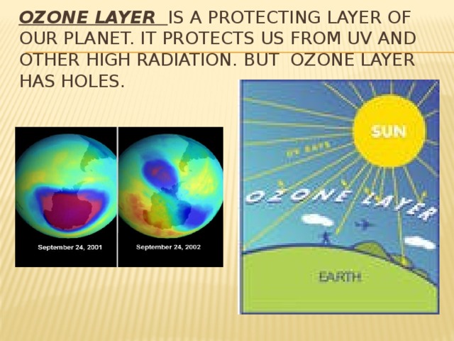 Ozone layer is a protecting layer of our planet. It protects us from UV and other high radiation. But Ozone layer has holes.