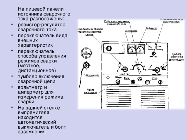 На лицевой панели источника сварочного тока расположены: