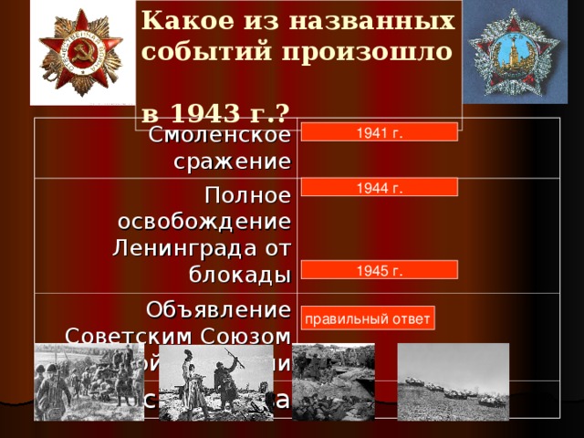 Какое из названных событий произошло  в 1943 г.? Смоленское сражение Полное освобождение Ленинграда от блокады Объявление Советским Союзом войны Японии Курская битва 1941 г. 1944 г. 1945 г. правильный ответ