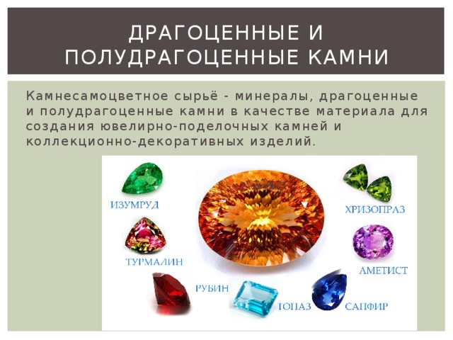 Драгоценные и полудрагоценные камни Камнесамоцветное сырьё - минералы, драгоценные и полудрагоценные камни в качестве материала для создания ювелирно-поделочных камней и коллекционно-декоративных изделий.