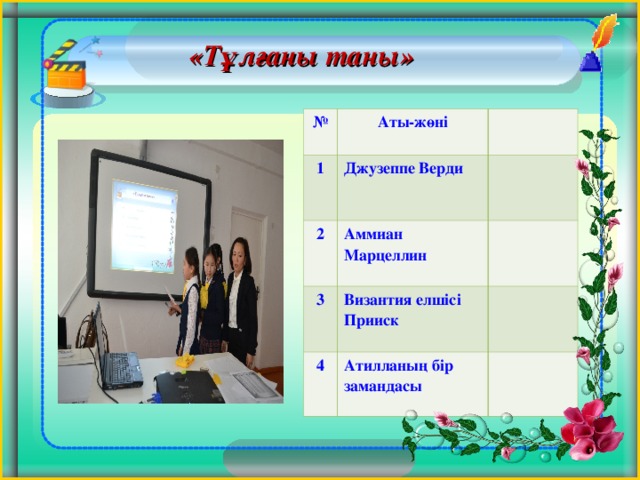   «Тұлғаны таны»   № Аты-ж өні  1 Джузеппе Верди  2 Аммиан Марцеллин  3 Византия елшісі Прииск  4 Атилланың бір замандасы