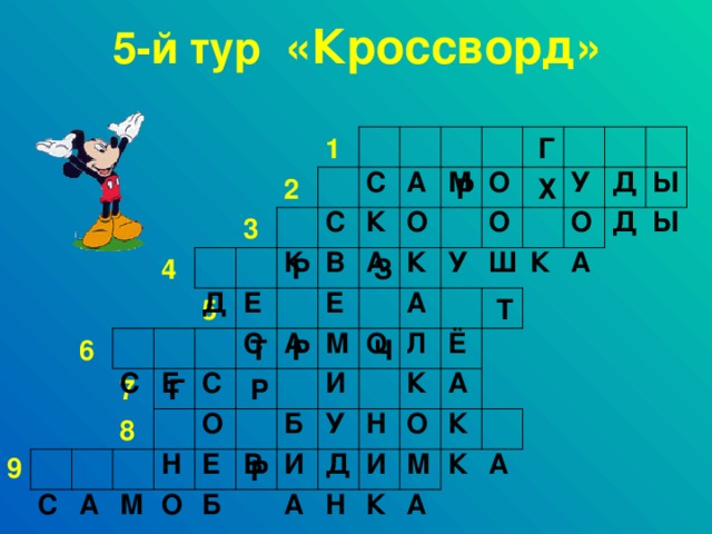 5-й тур «Кроссворд»   М   С   Ы   Д   У   Г   О   А 1   О   О   Х   К   Д   Ы   О   Р   С 2   А   А   К   Ш   У   К   В   К 3 4   Д   Е   А   З   Е   Р   М   Т   Л   О   Ё   С 5   А   Ч   А   К   Е   И   Р   Т   С   С 6   О   У   К   Б   О   Г 7   Н   Р   М   А   К   И   И   В   Е   Н 8   Д 9   А   Б   К   Н   А   Р   О   М   А   С