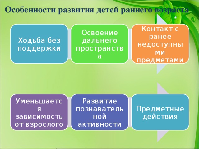 Особенности развития детей раннего возраста Ходьба без поддержки Освоение дальнего пространства Контакт с ранее недоступными предметами Уменьшается зависимость от взрослого Развитие познавательной активности Предметные действия